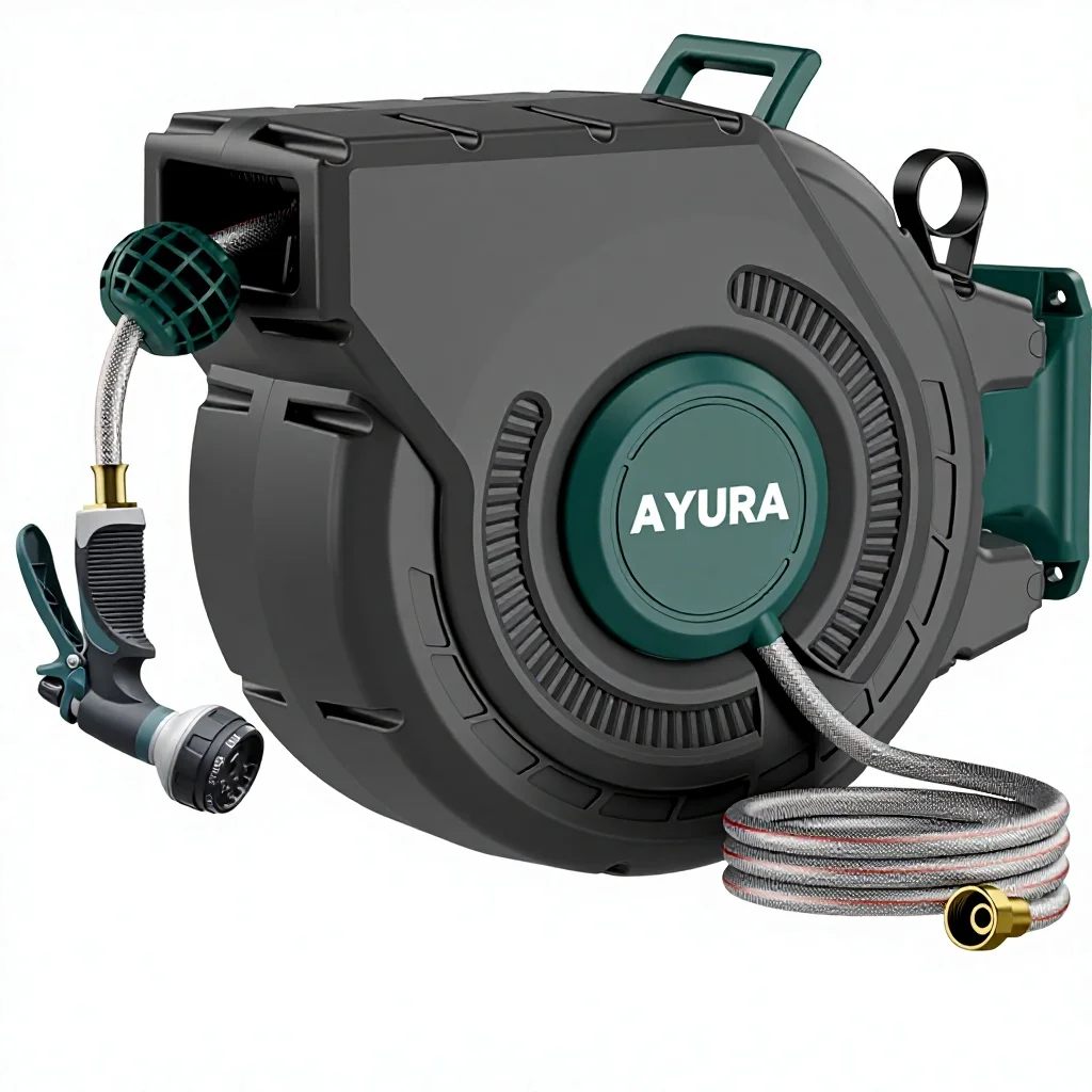 AYURA Retractable Heavy  Automatic Garden Hose Reel 100 ft X 1/2 Inch Pro Metal Shaft Kink-Free Rewind  Wall Mount
