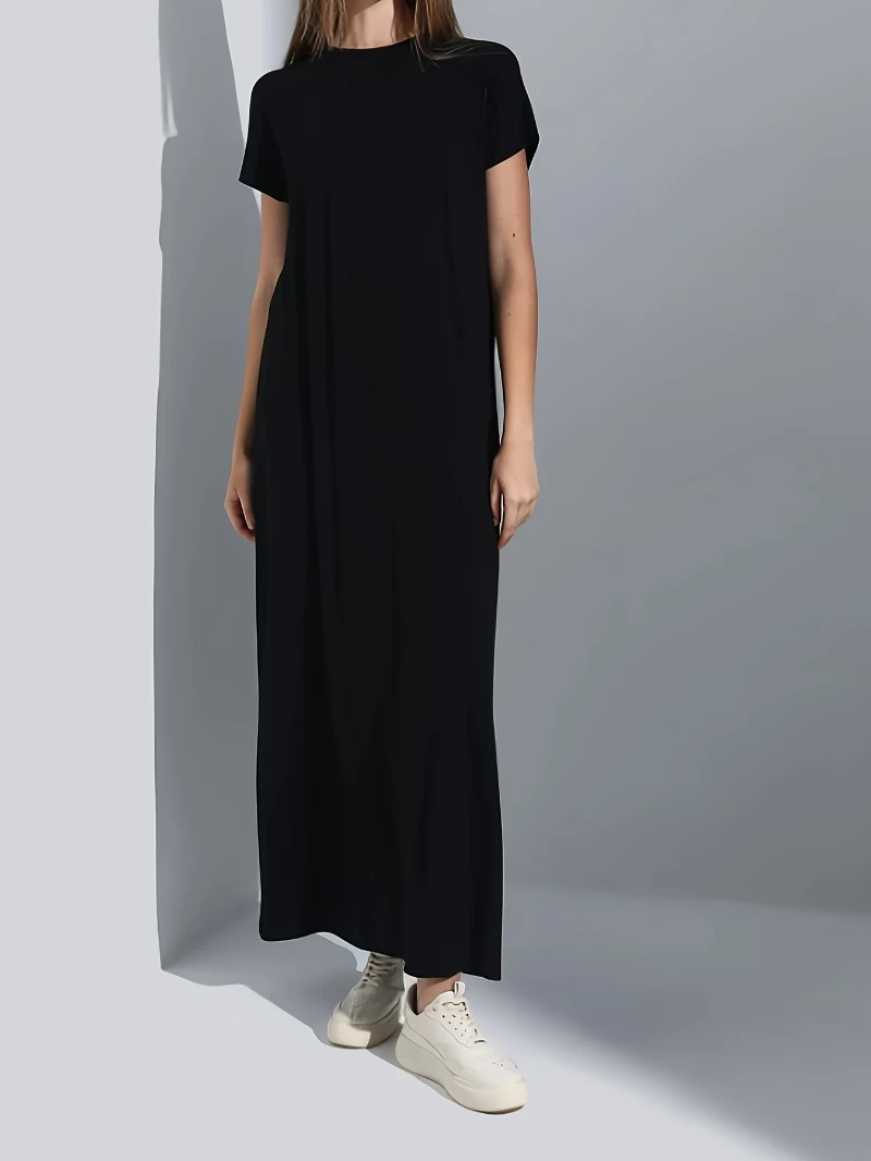 

Модное и модное повседневное однотонное длинное платье с короткими рукавами и круглым вырезом - бестселлер весной и летом.