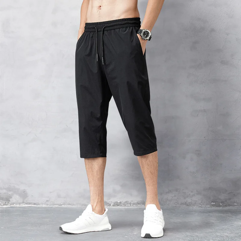 Bermudas de secado rápido para hombre, pantalones cortos largos de nailon fino, color negro, para playa, verano, 2023, 3/4