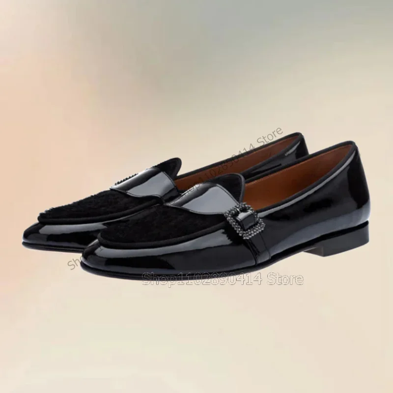 

Black Fur Leather Patchwork Buckle Decor Penny Loafers Fashion Slip On Men Shoes Luxury Handmade Party Office Men Casual Shoes
