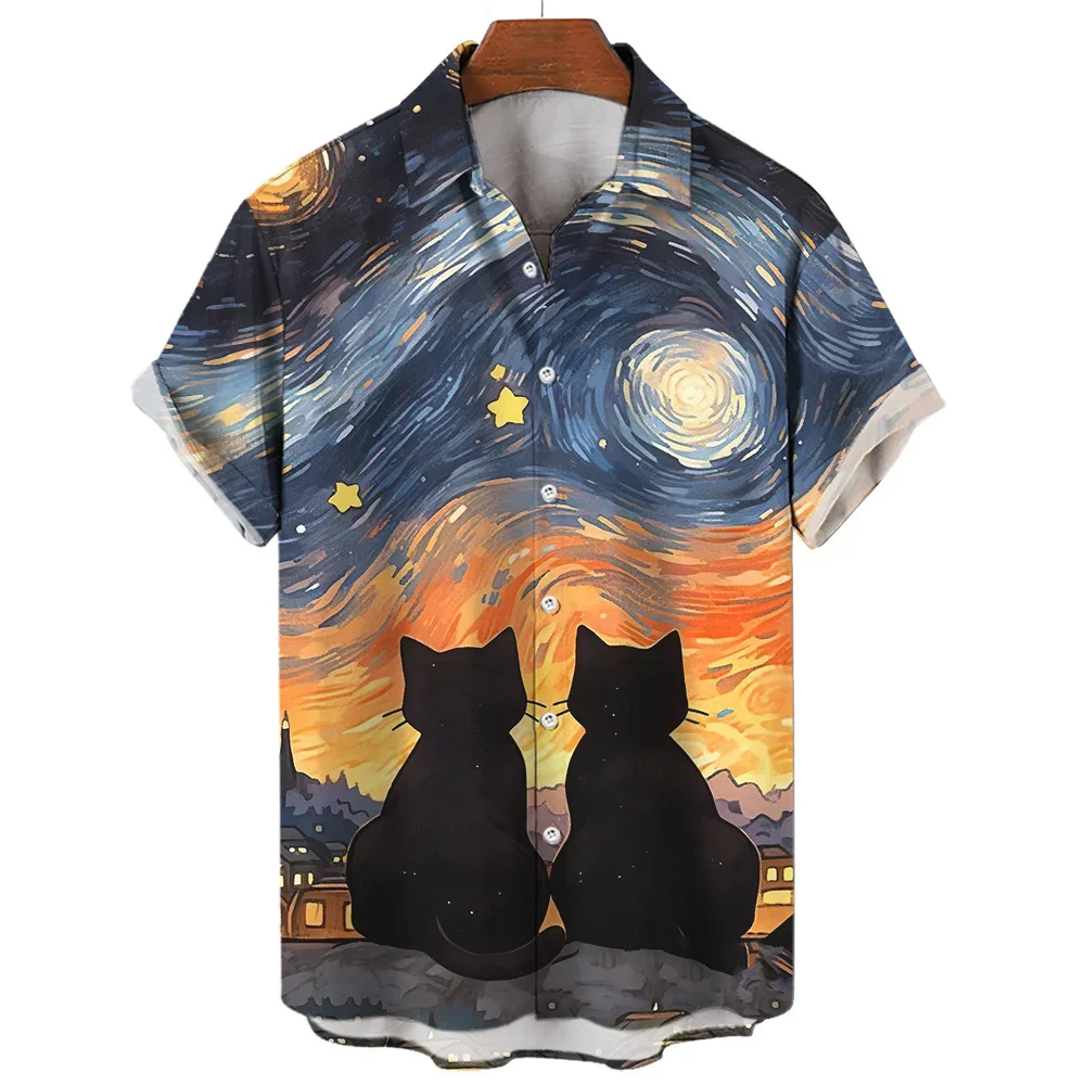 Camisa com estampa de gato havaiano masculina, manga curta, camisa grande solta, estampa abstrata, blusa de praia de verão, casual, verão, 2024