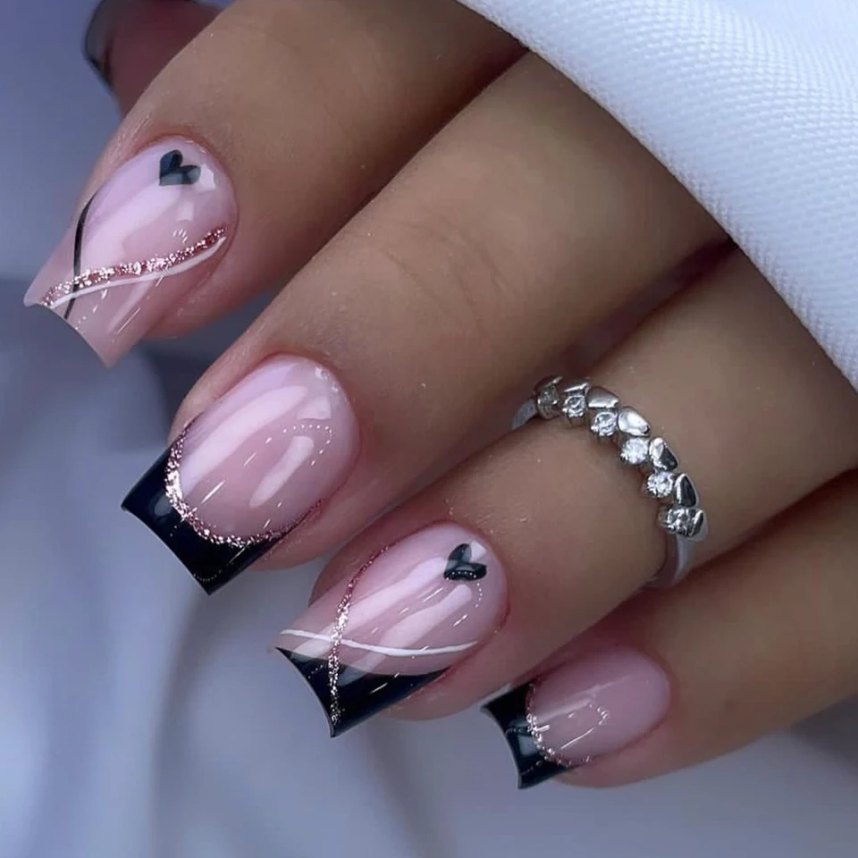 24 piezas de uñas postizas cuadradas negras, francesas, con patrón de corazones y brillantina plateada, reutilizables, incluye 1 pegamento tipo gel y 1 empujador de cutículas, para mujeres