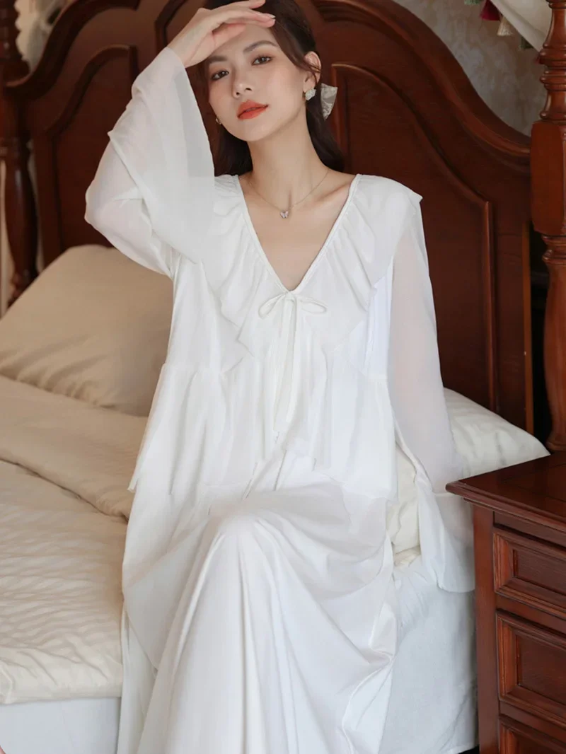 Women Ruffles V-Neck Vintage Nightgowns Lolita Princess Sleepwear White Mesh Fairy Night Dress Victorian Nightdress Loungewear