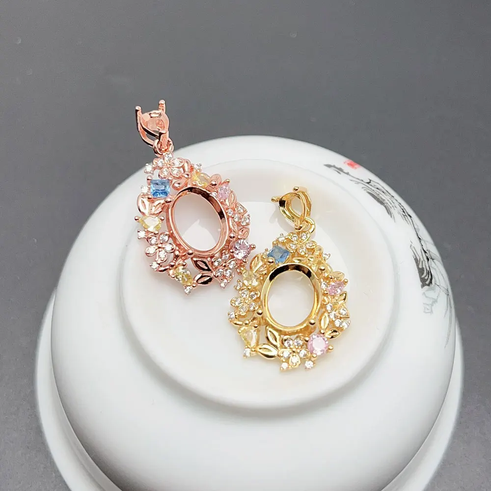 Dazzling 925 Silver Pendant Setting with Multi-color Zircon 8mm*10mm Oval Gemstone Semi Mount Pendant Setting for Jewelry DIY
