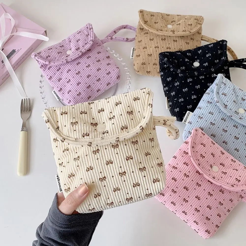 Large Capacity Sanitary Napkin Storage Bag Portable Korean Style Corduroy Bow Makeup Bag Bowknot Small Item Bag