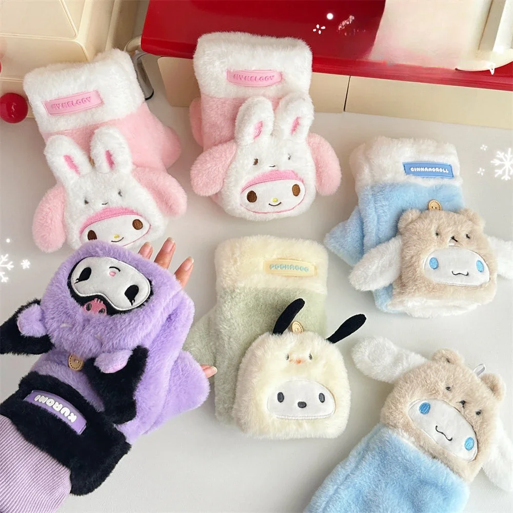 Sanrio Kuromi Plush Gloves Winter Thermal Gloves Melody Cinnamoroll Pochacco Flip Gloves Girls Thickened Mittens Christmas Gift