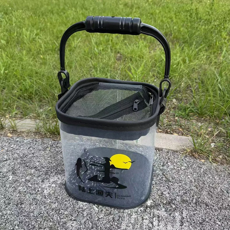 Zusammenklappbarer Transparenter Angeleimer mit 6m Seil & Anti-Sprung-Netz, Robuster Tragbarer Lebendfischbehälter, Outdoor Mini-Fischaufbewahrung – Detail 11