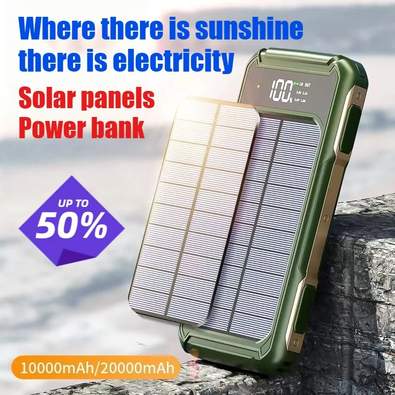 

20000mAh Solar Power Bank High Capacity with Built-in Cables Outdoor Portable Phone Charger for All Series of Smartphones