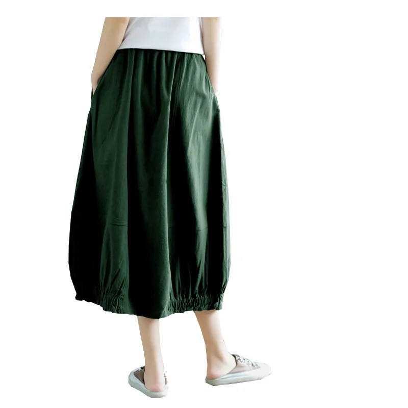 Linen spring Summer Lady Half Skirt Cotton and Linen Black Elastic Waist Pleated A-line Skirt Fat Girl 100KG Casual Comfortable