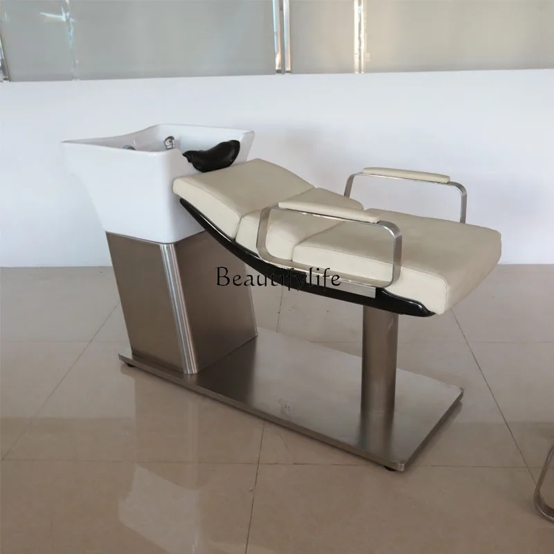 High-end ceramic basin shampoo bed hair salon special semi-lying stainless steel flushing bed