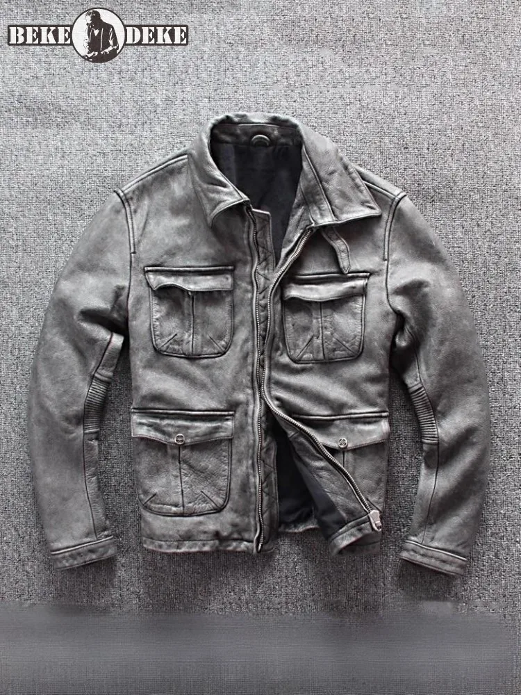 Vintage Style Streetwear Motorcycle Jacket Male Cwoskin Genuine Leather Punk Slim Fit Multiple Pockets Casual Cargo Short Coat
