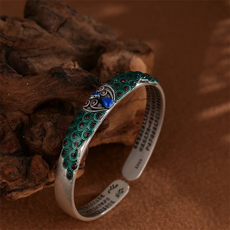 Luxury Enamel Colored Peacock Bracelet For Lady Hand Accessories Vintage Prajnaparamita Heart Sutra Bracelet Women Jewelry Open