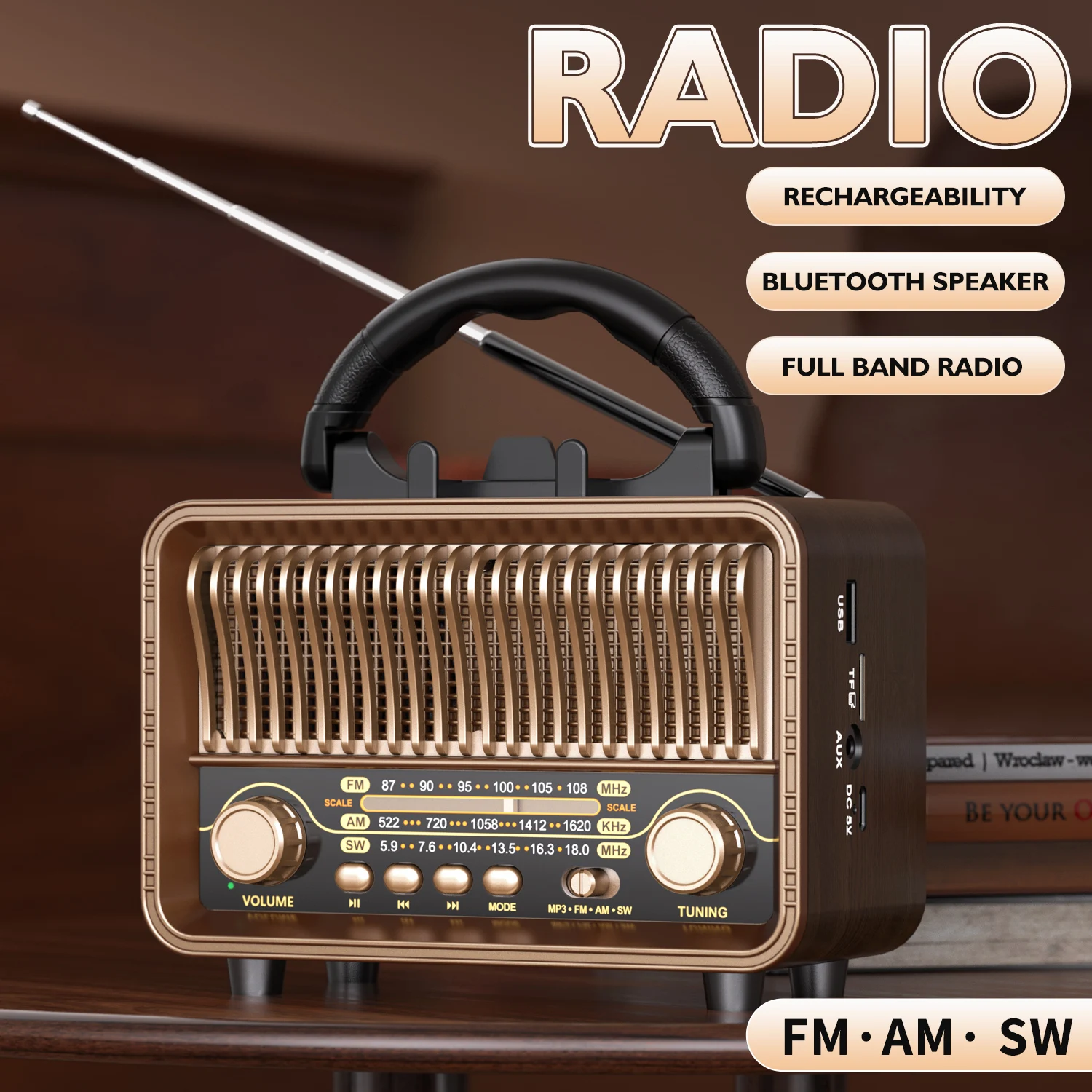 

Новое портативное AM/FM/SW радио с перезаряжаемой батареей, USB, TF, MP3-плеером, Bluetooth, многофункциональное ретро-радио с функцией колонки.