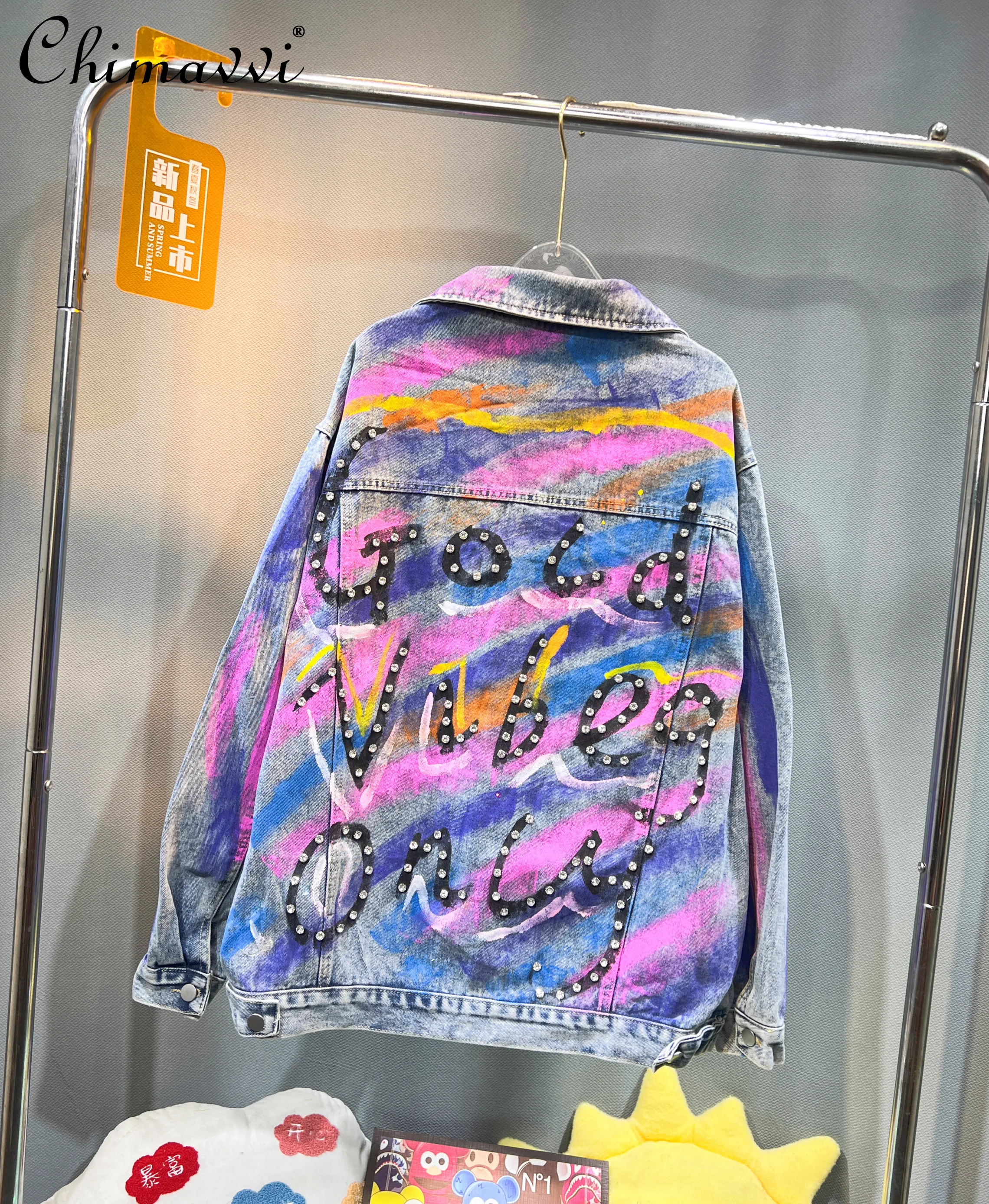 European Heavy Hand-Painted Graffiti Denim Coat Female 2024 Autumn and Winter New Streetwear Loose Rhinestone Beaded Jacket Top