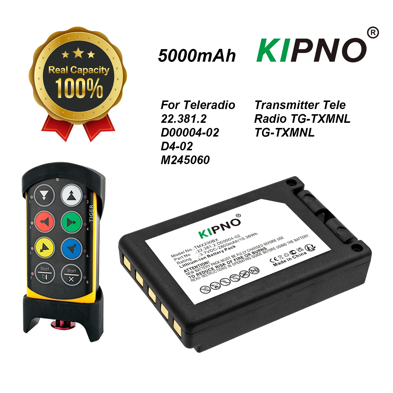 KIPNO Crane Remote Control Battery 3.7V/2800mAh D00004-02,22.381.2,M245060 for Teleradio Transmitter Tele Radio TG-TXMNL