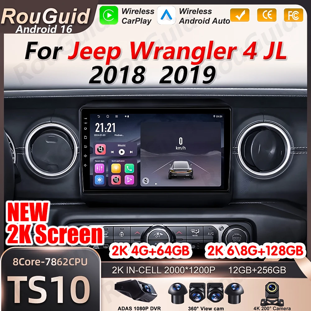 Android 16 Carplay Car Radio For Jeep Wrangler 4 JL 2018 2019 GPS Stereo 2K Screen Video Multimedia Player RSD Bluetooth 5G Wifi