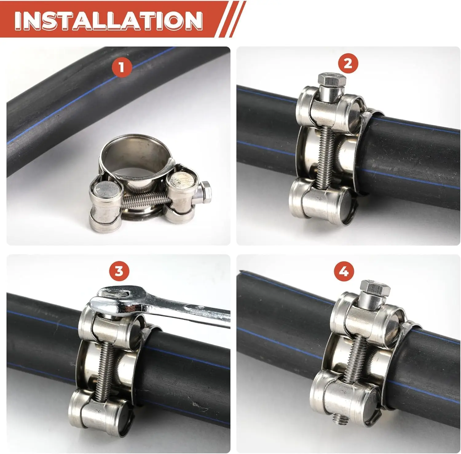 4PCS 304 Stainless Steel T Bolt Hose Clamps Heavy Duty European Style Adjustable Pipe Clamp for Exhaust Air Water Hose Repair