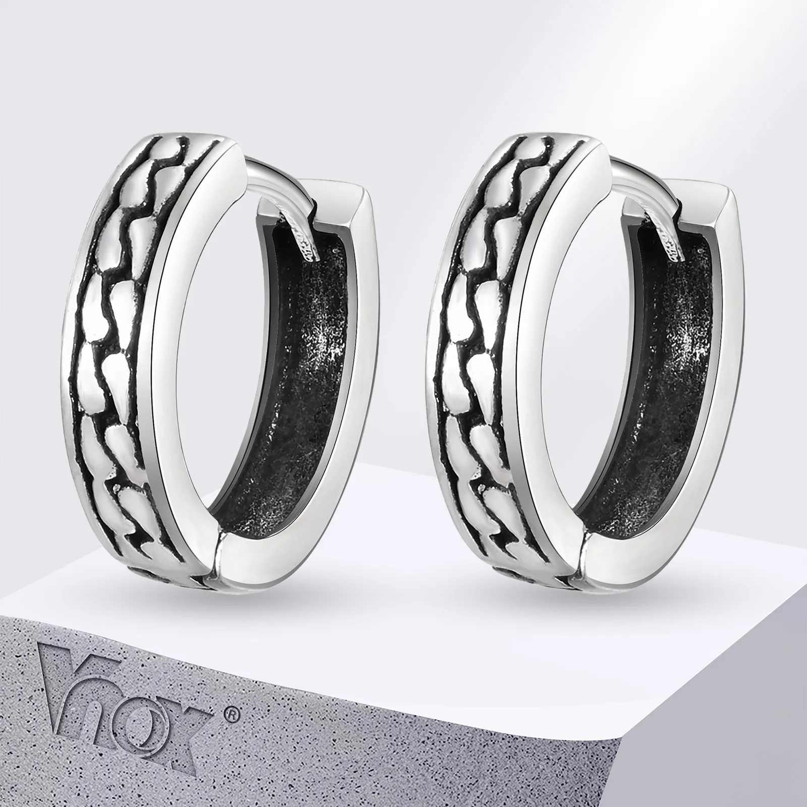 Vnox Chain Textured Small Hoop Earrings for Men Boys, Stainless Steel Huggies Earrings, Punk Hippie Vintage Ear Jewelry