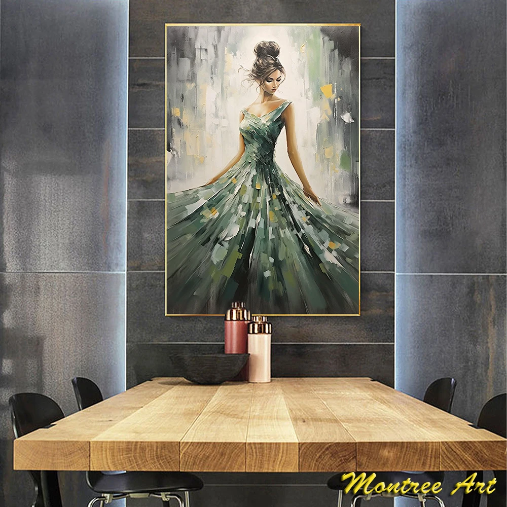 Hand Painted Oil Painting Abstract Dancing Girl Oil Painting on Canvas Large Wall Art Original Beautiful Dancer Art Green Decor