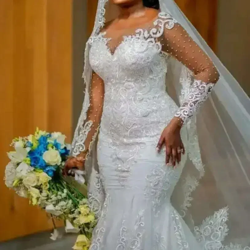 Customized Africa Women Mermaid Wedding Dresses Lace Appliques Beading Garden Wedding Gown With Sweep Train Country Bridal Dress