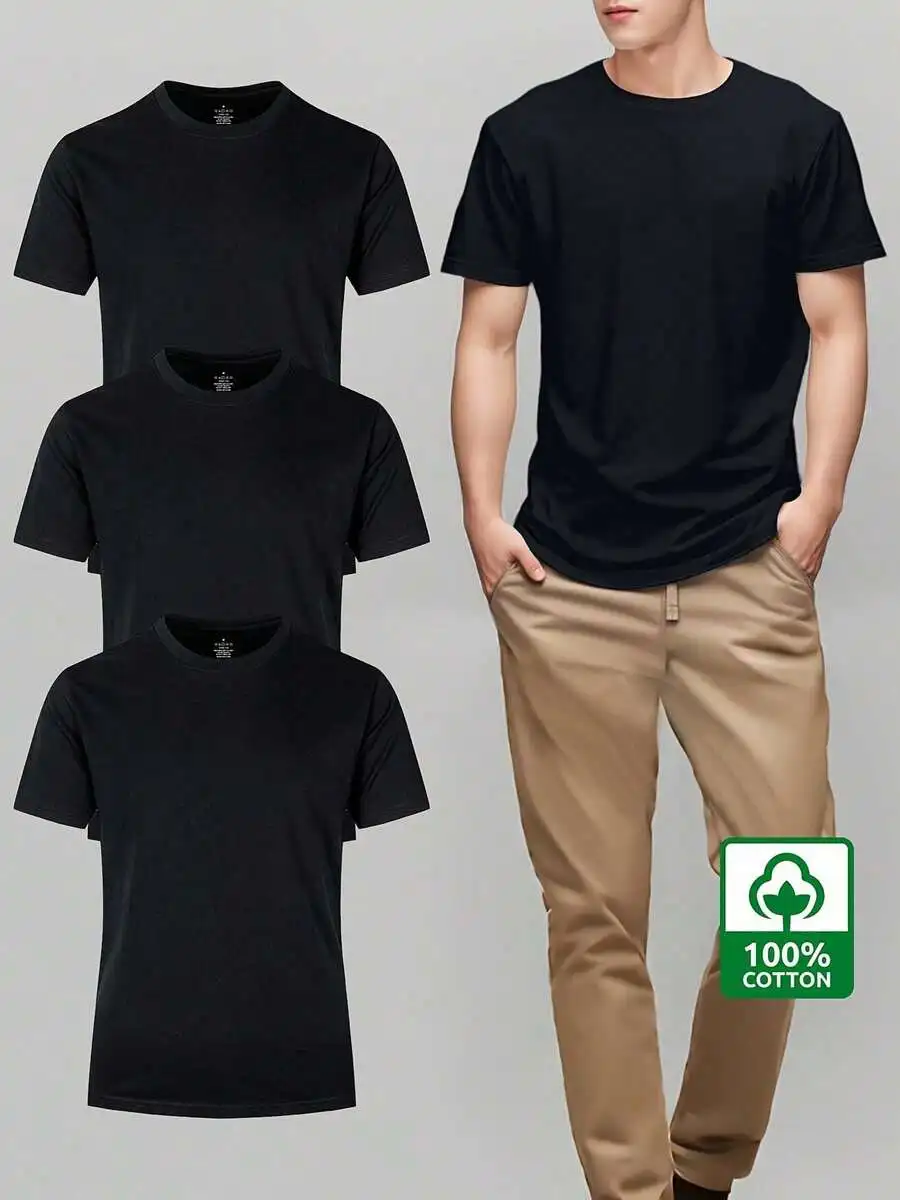 

3-Pack Plain Cotton Crewneck T-Shirts For Men - Short Sleeve Basic Tees Soft Breathable Daily Wear