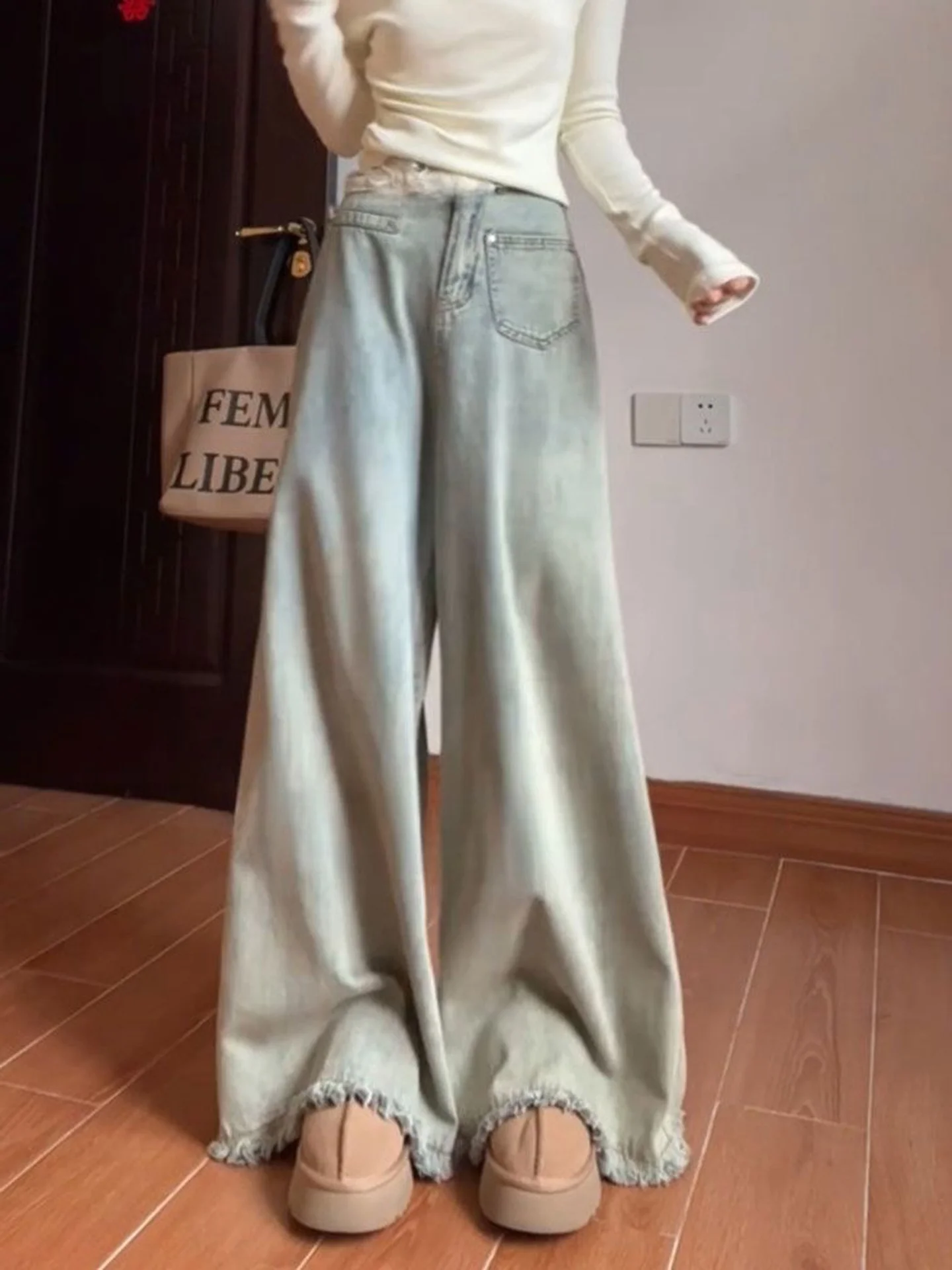 High Waist Wide Leg Jeans Women's Long Length American Style Frayed Hem Denim Pants Fall Season New Loose Fit Floor Length