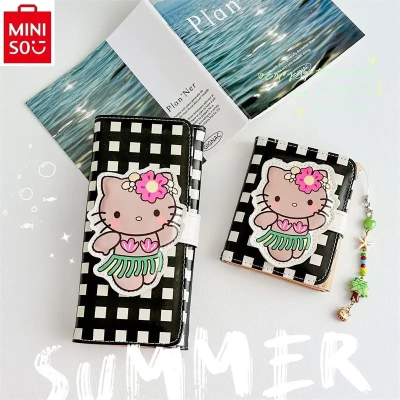 MINISO 2024 New Cartoon Anime Hello Kitty Grass Skirt PU Short, Long, Multi functional Wallet Student Card Includes Zero Wallet