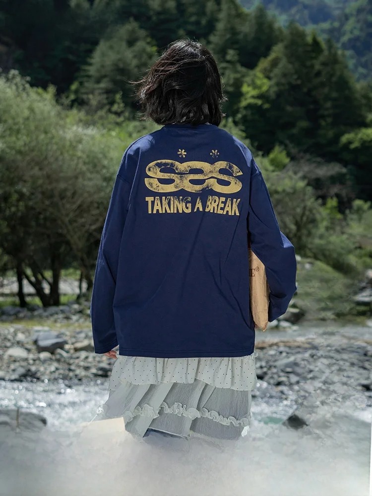 

Японская футболка с длинным светом в стиле ретро, свободная круглая футболка с принтом Ne SAOE, повседневная креативная смесь хлопка и полиэстера, осенняя одежда