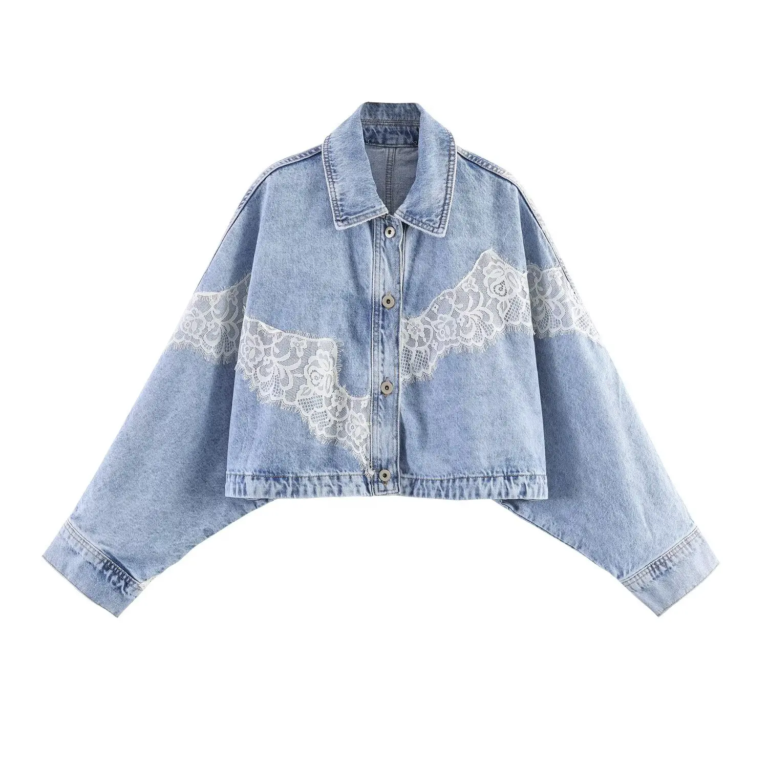 HH Lente Dames Chic Enkelrijig Kant Revers Lange Mouw Korte Denim Jas + Losse Mid-rise Gat Decoratie Jeans 2-delige Set