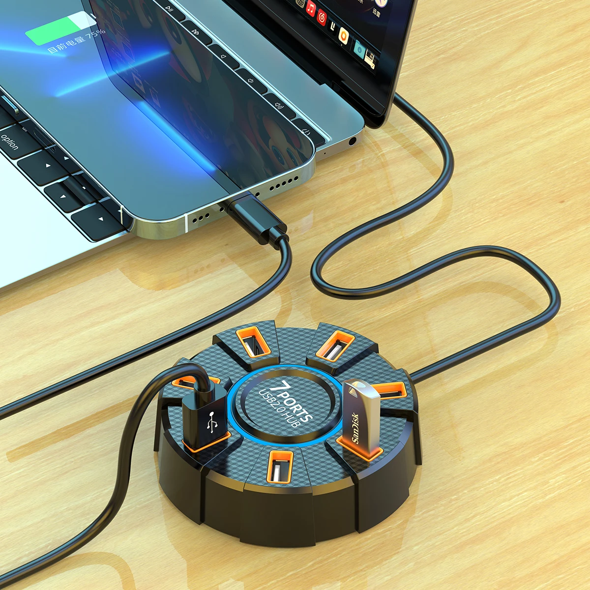 

New Colorful Atmosphere Light USB 2.0 High Speed Distribution Device with 1 to 7 Expansion Docks, Multiple Ports with External P