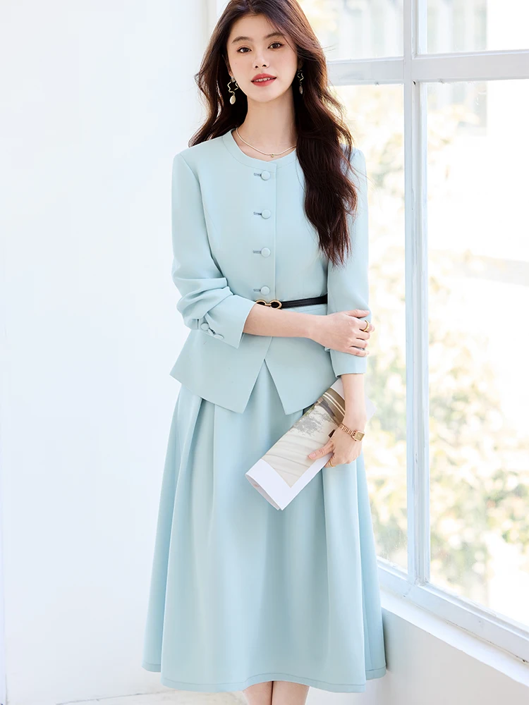 High Street Fashion Women Formal Blazer Skirt Suit Blue Apricot Black Female Business Work Wear Two Piece Set For Autumn Winter