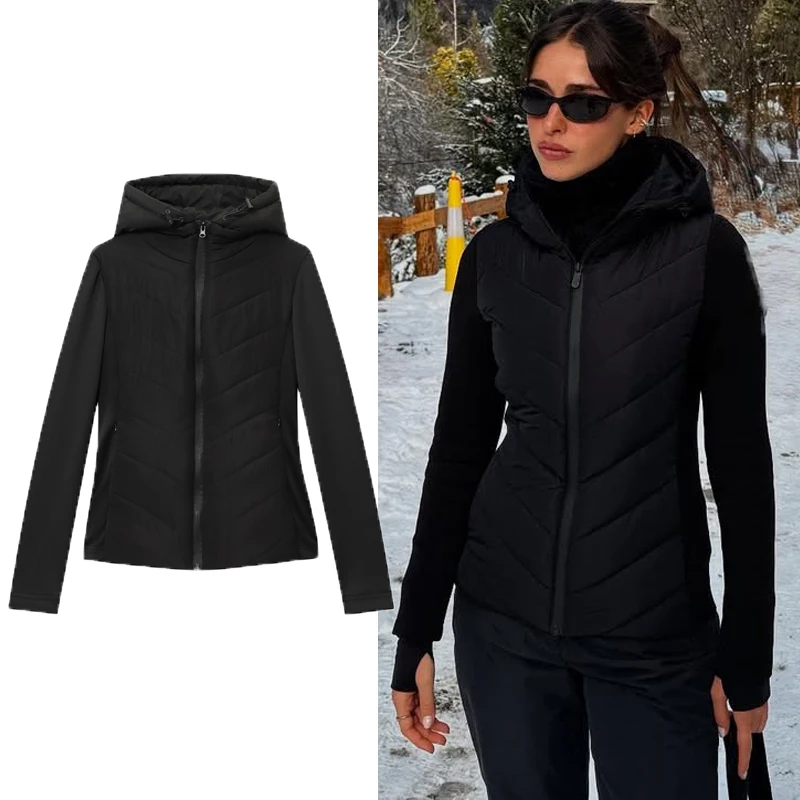 

Zip Up Black Splicing Jacket Hoodies 2025 Women's Padded Jacket Winter Coat Outerwear Long Sleeve Top Coats For Woman Outdoor