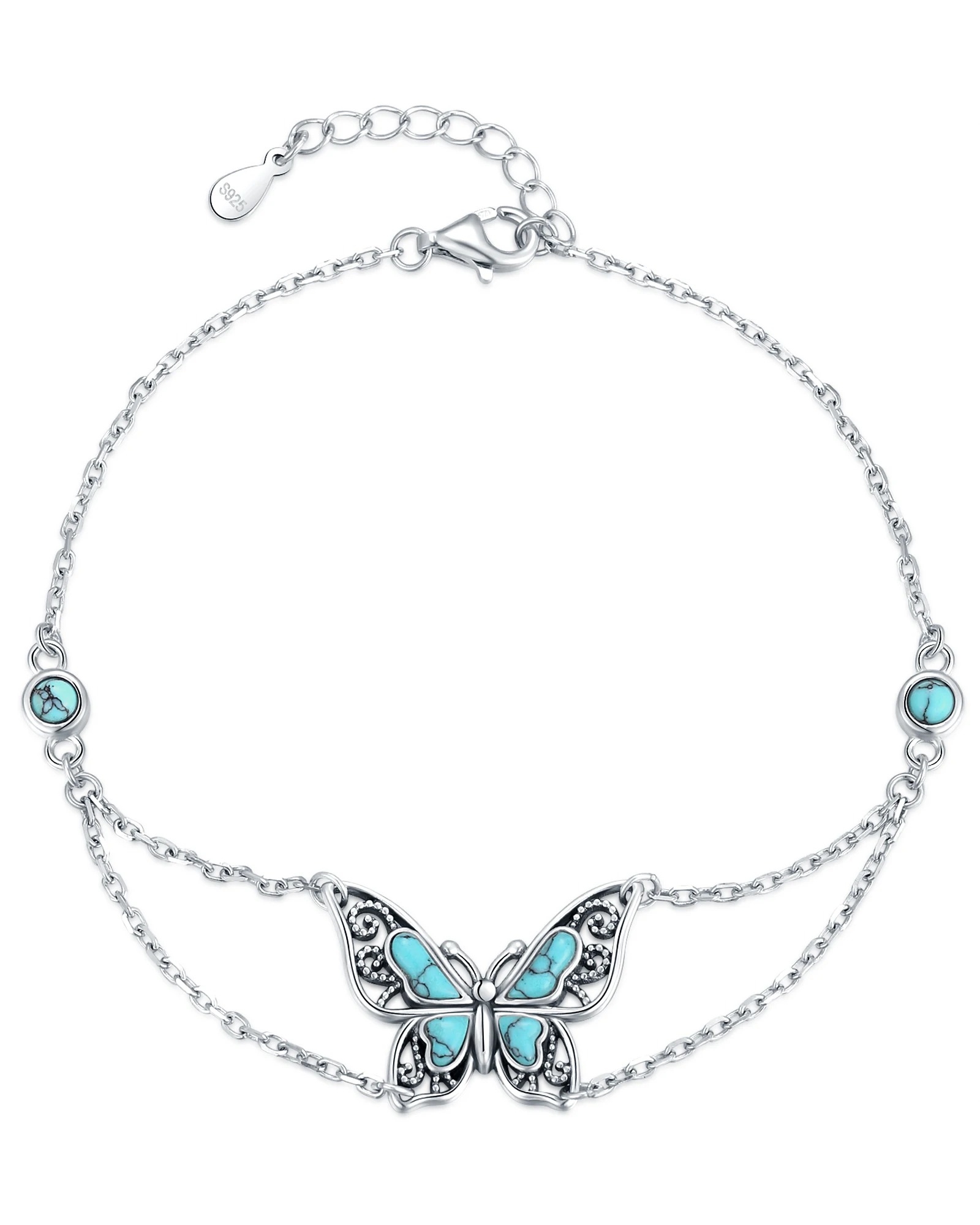 

925 Sterling Silver Turquoise Butterfly Bracelets Elegant Bohemian Style Jewelry Natural Beauty Vintage Gifts for Women Wife