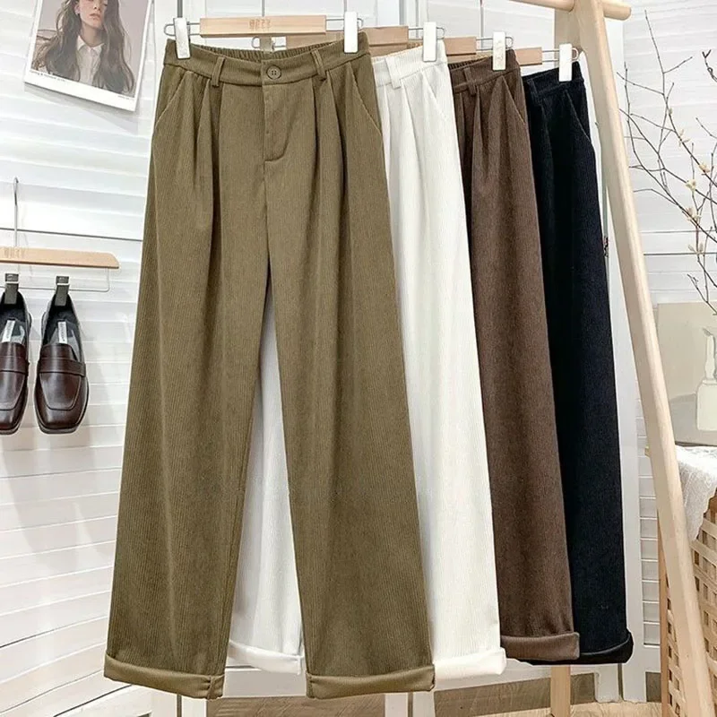 Lucyever Women Vintage Corduroy Pants High Waist Brown Wide Leg Pants Female Korean Fashion Baggy All Match Straight Trousers