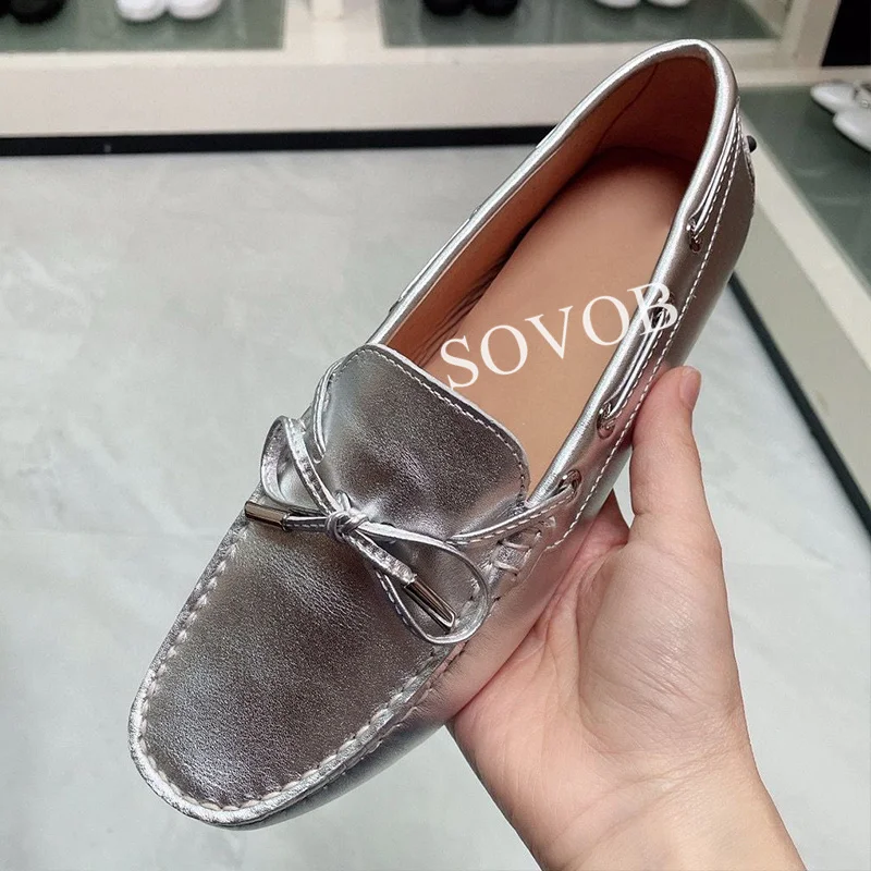 Genuine Leather Round Toe Solid Color Flat Shoes Women's Butterfly-knot Decor Loafers Spring Autumn Walking Shoes Doudou Shoes