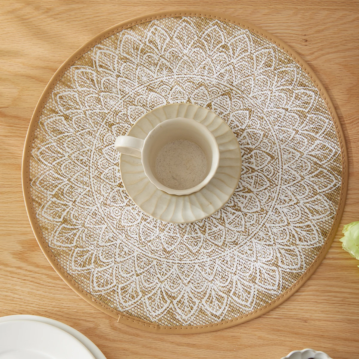 6pcs Round Linen Jute Burlap Dining Table Mat Linen Table Placemat Tea Cup Plates Mats For Home Wedding Christmas Party