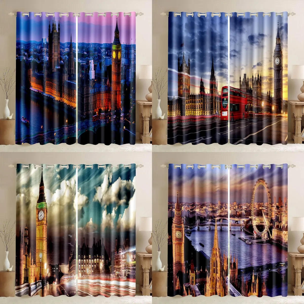 

2pcs London Building Window Curtains Tower England Themed Retro London Thick Blackout Window Curtains Travel Scenery Famous City