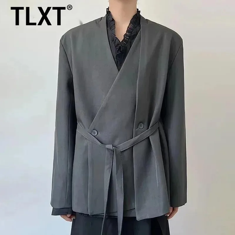 

TLXT Fashion Lace-up Gathered Waist Blazers For Women Irregular Double Breasted Loose Jackets Office Lady Coats Female 2025 New