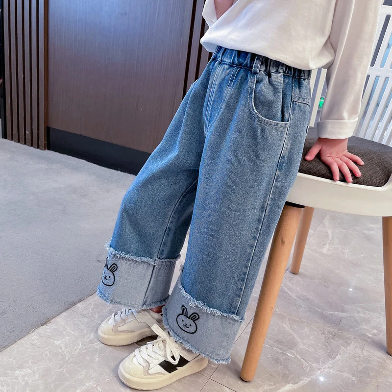 

Girls' Spring and Autumn Thin Jeans 2025 New Children's Rabbit Wide Leg Pants Baby Casual Straight Leg Jeans 80-140cm