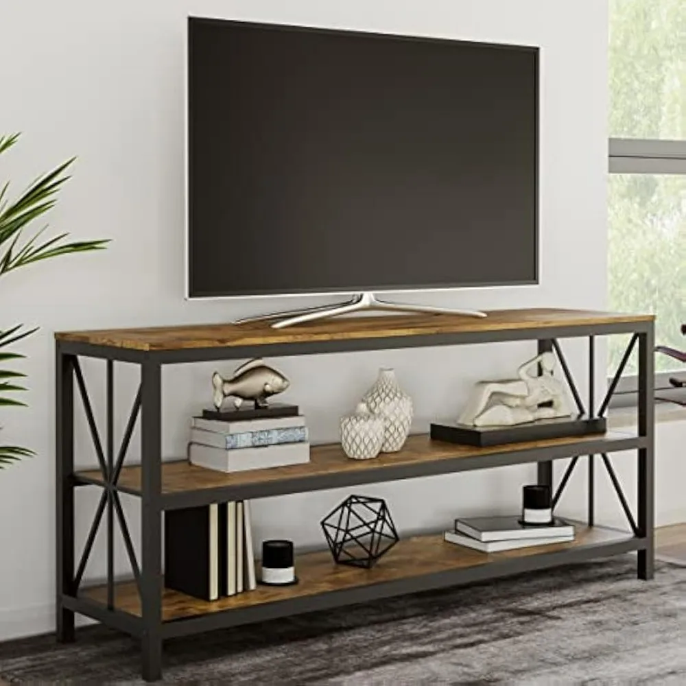 

TV Stand – 3-Tier Open Back Entertainment Center for 70-inch Television, Barnwood Media Console Shelves, and Metal Frame, 60"