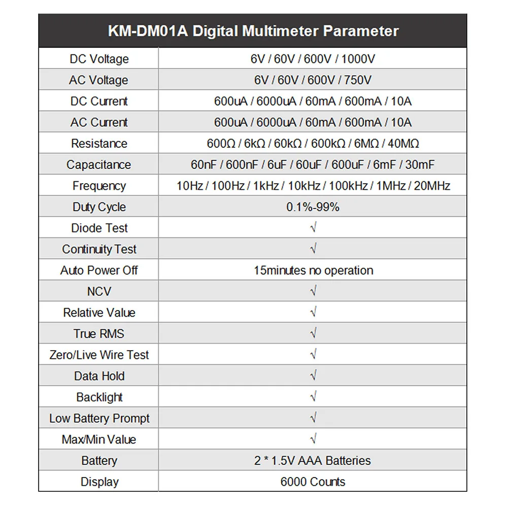 KM-DM01A Digital Multimeter 6000 Counts True RMS for AC DC Voltage Current Resistance Frequency Capacitance Test