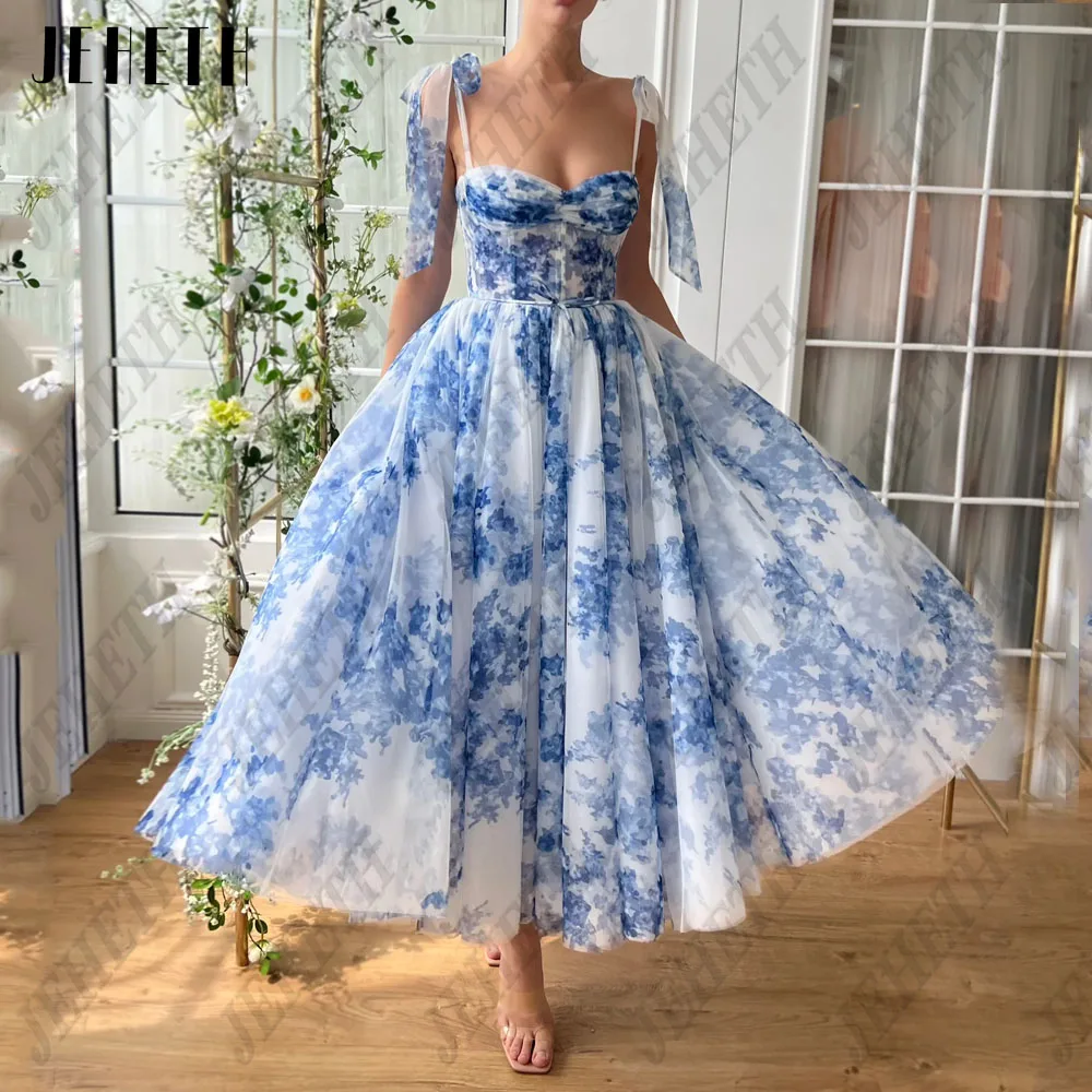 JEHETH Floral Print Prom Dresses 2024 Sweetheart Spaghetti Straps A-Line Lace Up Party Gown Tulle Ankle Length Vestidos De Festa