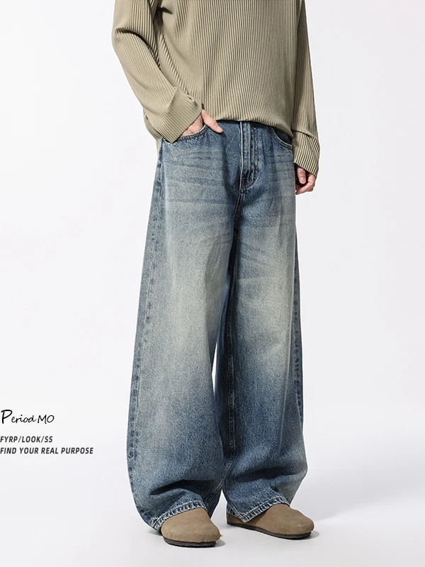 

Мужские джинсы в стиле ретро: американские, широкие, прямого кроя, с эффектом потертости, повседневные, для осени