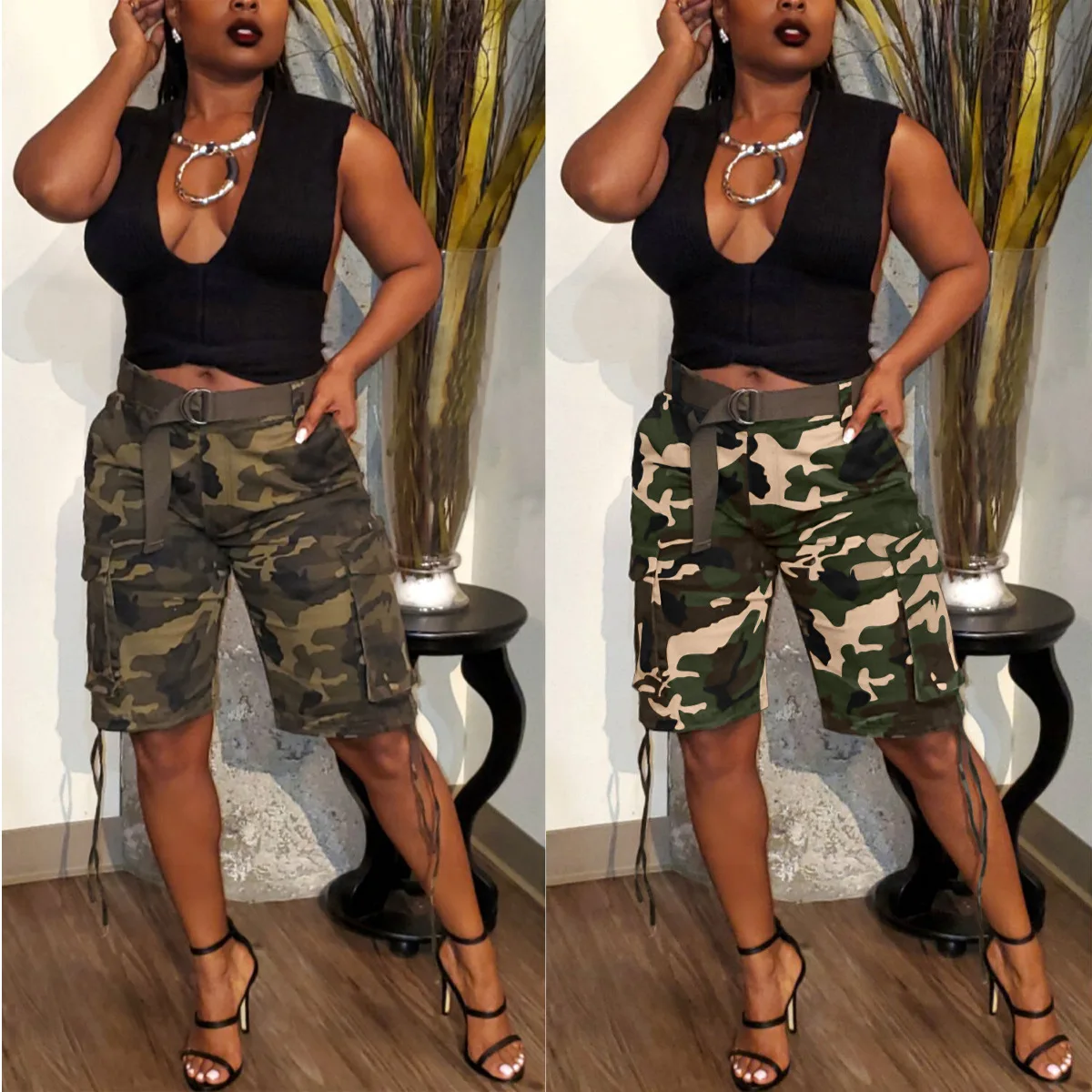 

Mid Length Pant Women Cargo Pants Camouflage High Waist Straight Trousers Y2k Streetwear Elegant Splice Casual Loose Work
