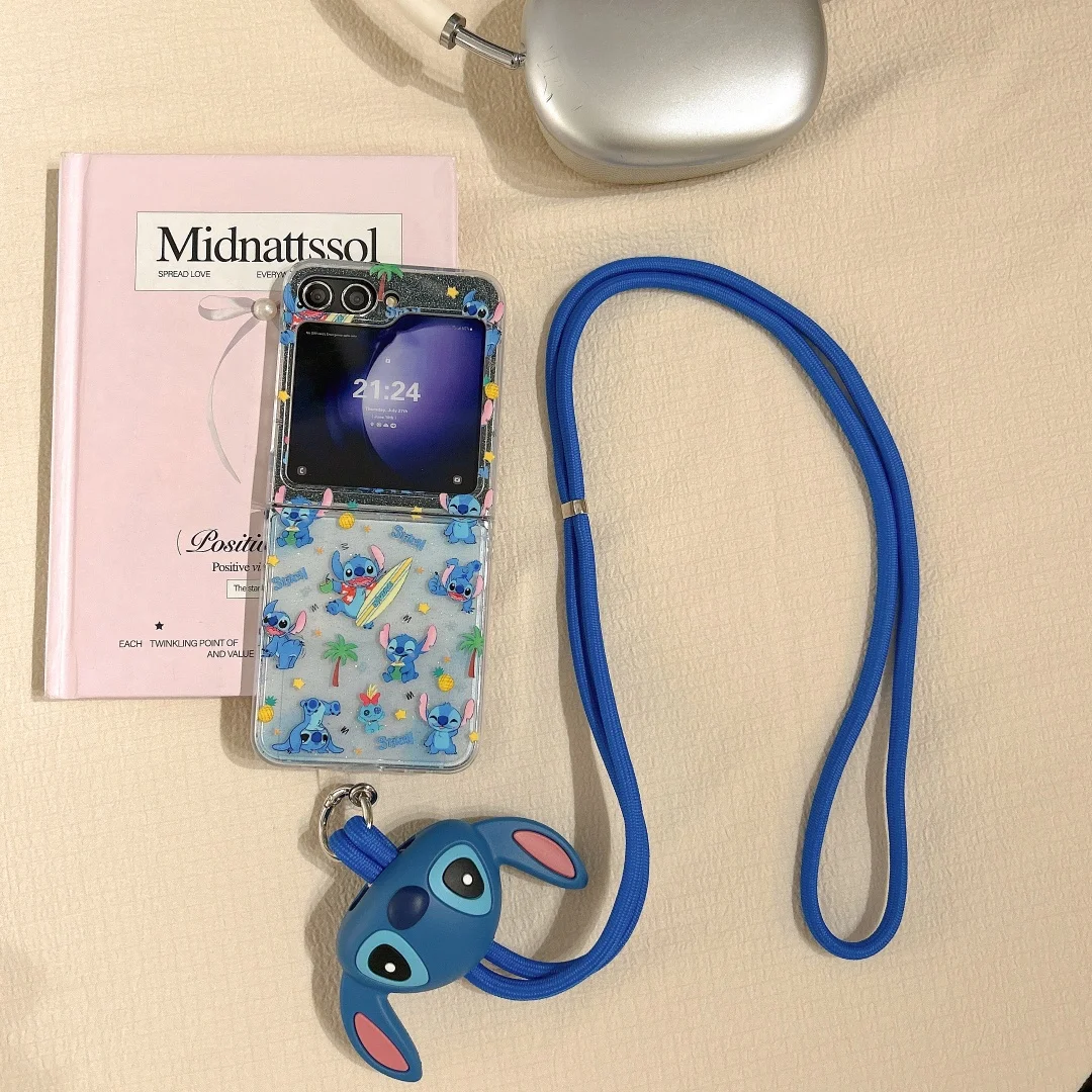 いたずらなステッチ ハッピー ストラップ ヒンジ 耐衝撃 スマホケース Samsung Z Flip 7 6 5 4 ZFlip 6 ZFlip 5 折りたたみ式 ハードPC ソリッドカバー