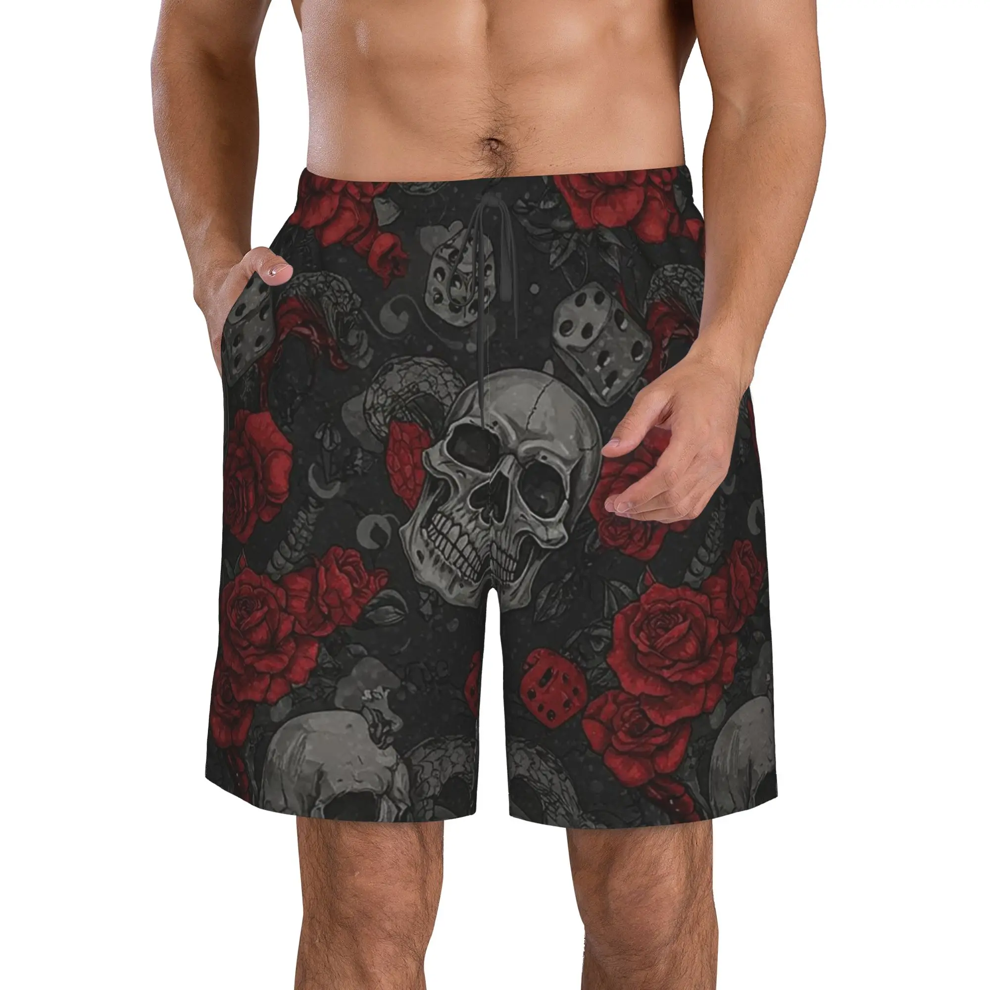 Skulls & Roses Pattern Trunks Beach Board Shorts Casual Quick Dry Swim Summer Men Pants