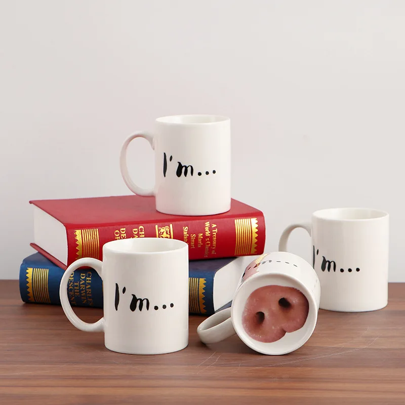 AhunderJiaz White Cute Spooky Pig Nose Mug Ceramic Dog Nose Mugs Halloween Coffee Cup Kitchen Drinkware Set