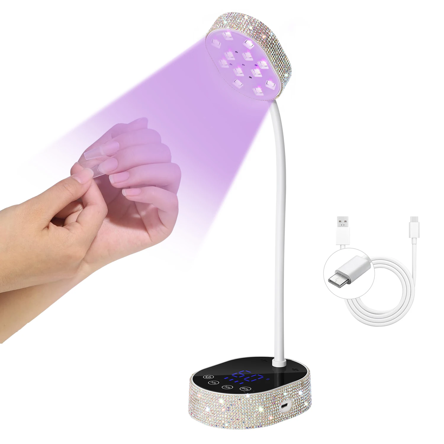 

Гламурные стразы — инкрустированная УФ-лампа для ногтей: 360° ° Регулируемая гусиная шея, интеллектуальный датчик, 4 настройки таймера, отверждение качества