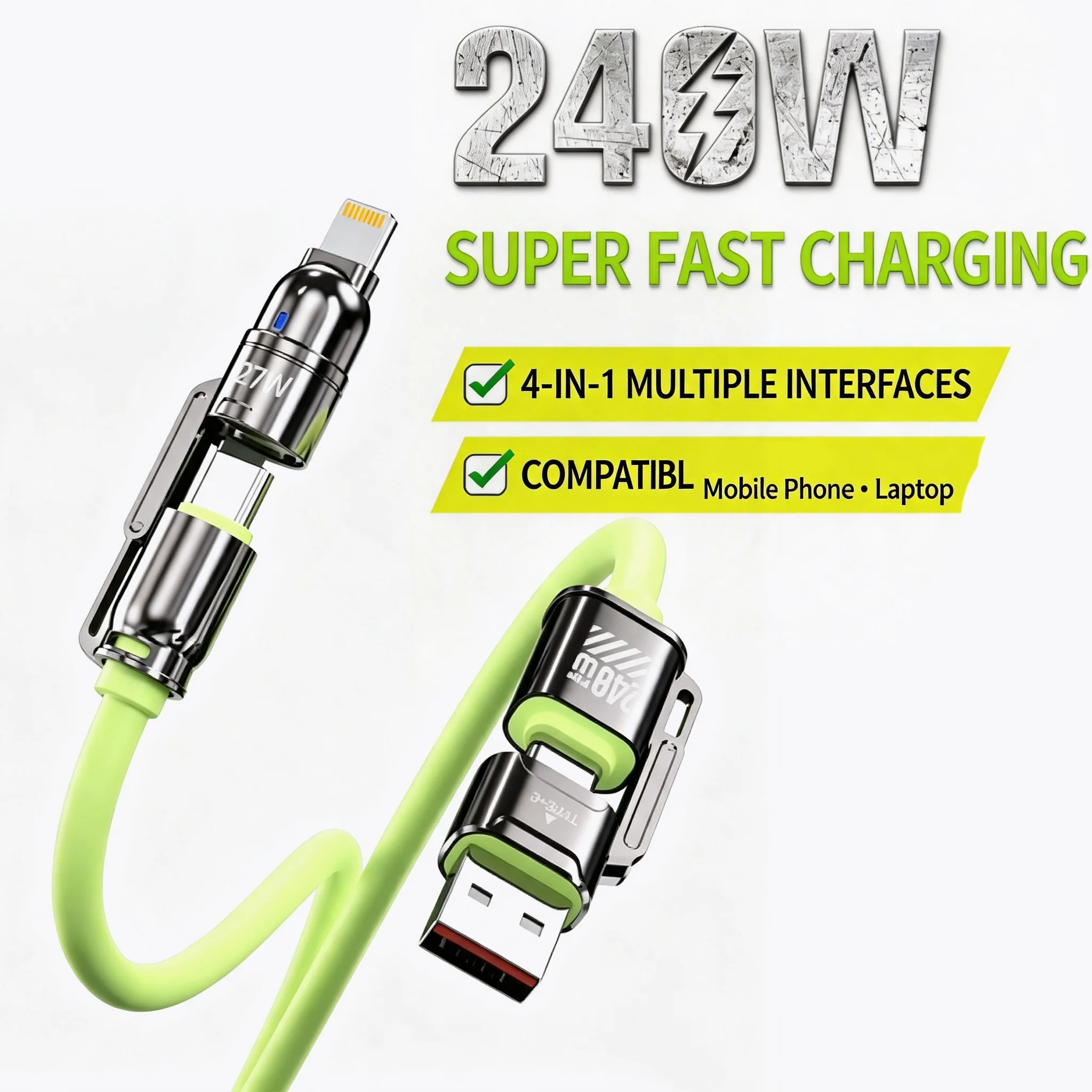 4-in-1 Kirsite Cable 240W Super Fast Charging Multiple Functions for iPhone 8-16Pro Max for iPad Tablet Mobile Phone for Samsung