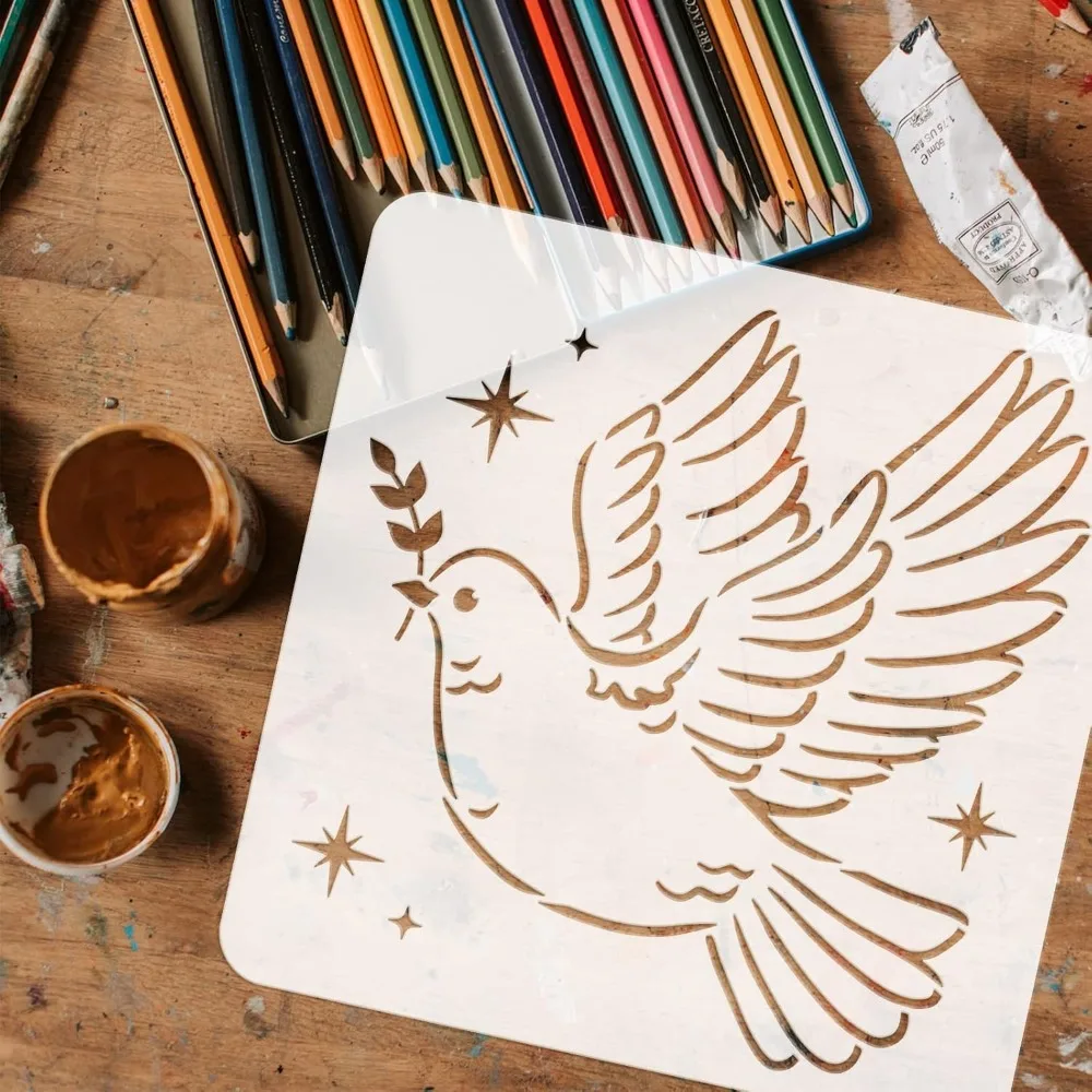 Dove of Peace stensil 11.8x11.8 inci lukisan merpati perdamaian stensil plastik Cabang bintang zaitun pola stensil dapat digunakan kembali